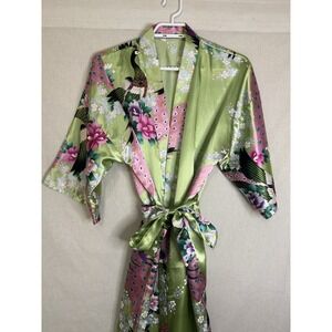 Satin Peacock Floral Kimono Robe Womens Small Green Short Sleeve